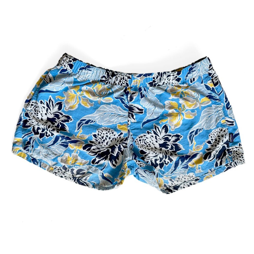 Women’s PATAGONIA Barely Baggies Shorts Blue Hawaiian Floral 2.5” Size XL EXC